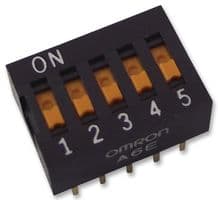 A6E5101 - OMRON ELECTRONIC COMPONENTS - A6E5101 - DIP / SIP Switch, 5 Circuits, Slide, Through Hole, SPST, 24 V, 25 mA