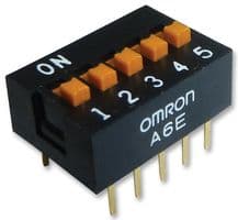 A6E5104 - OMRON ELECTRONIC COMPONENTS - A6E5104 - DIP / SIP Switch, 5 Circuits, Slide, Through Hole, SPST, 24 V, 25 mA