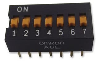 A6E7104 - OMRON ELECTRONIC COMPONENTS - A6E7104 - DIP / SIP Switch, 7 Circuits, Slide, Through Hole, SPST, 24 V, 25 mA