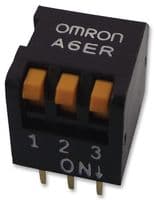 A6ER3101 - OMRON ELECTRONIC COMPONENTS - A6ER3101 - DIP / SIP Switch, 3 Circuits, Piano Key, Through Hole, SPST, 24 V, 25 mA