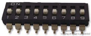 A6S9104H - OMRON ELECTRONIC COMPONENTS - A6S9104H - DIP / SIP Switch, 9 Circuits, Slide, Surface Mount, SPST, 24 V, 25 mA