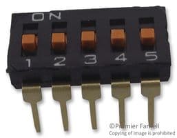 A6T5104 - OMRON ELECTRONIC COMPONENTS - A6T5104 - DIP / SIP Switch, 5 Circuits, Slide, Through Hole, SPST, 24 VDC, 25 mA