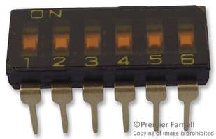 A6T6102 - OMRON ELECTRONIC COMPONENTS - A6T6102 - DIP / SIP Switch, 6 Circuits, Slide, Through Hole, SPST, 24 VDC, 25 mA