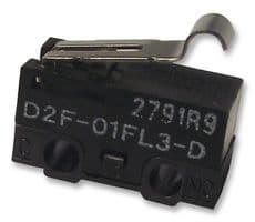 D2F01FL3D - OMRON ELECTRONIC COMPONENTS - D2F01FL3D - Microswitch, Miniature, Simulated Roller Lever, SPDT, Solder, 100 mA, 30 V