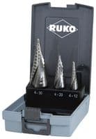101026RO - RUKO - 101026RO - Drill Bit Set, Step, Spiral Fluted, HSS, 0.9 ", 1 ", 2 ", 3 Piece