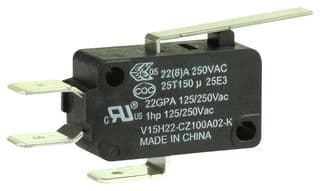 V15H22-CZ100A02-K - HONEYWELL - V15H22-CZ100A02-K - Microswitch, Standard, Hinge Lever, SPDT, Quick Connect, 22 A