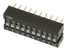 A6E-0101-N - OMRON ELECTRONIC COMPONENTS - A6E-0101-N - DIP / SIP Switch, 10 Circuits, Slide, Through Hole, SPST, 24 V, 25 mA