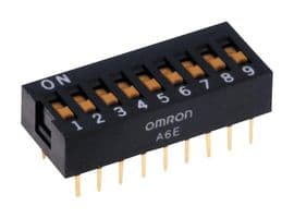 A6E-9104-N - OMRON ELECTRONIC COMPONENTS - A6E-9104-N - DIP / SIP Switch, 9 Circuits, Slide, Through Hole, SPST, 24 V, 25 mA