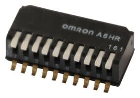 A6HR-0104 - OMRON ELECTRONIC COMPONENTS - A6HR-0104 - DIP / SIP Switch, 10 Circuits, Piano Key, Surface Mount, SPST, 24 V, 25 mA