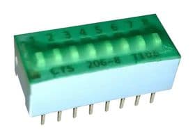 206-8ST - CTS - 206-8ST - DIP / SIP Switch, 8 Circuits, Slide, Through Hole, SPST, 50 V, 100 mA