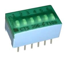 206-6ST - CTS - 206-6ST - DIP / SIP Switch, 6 Circuits, Slide, Through Hole, SPST, 50 V, 100 mA