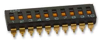 A6S-0102-H - OMRON ELECTRONIC COMPONENTS - A6S-0102-H - DIP / SIP Switch, 10 Circuits, Slide, Surface Mount, SPST, 24 V, 25 mA