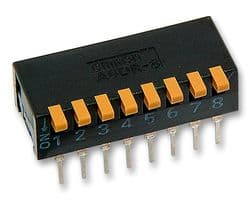 A6DR-8100 - OMRON ELECTRONIC COMPONENTS - A6DR-8100 - DIP / SIP Switch, 8 Circuits, Piano Key, Through Hole, SPST, 24 V, 25 mA