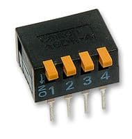 A6DR-4100 - OMRON ELECTRONIC COMPONENTS - A6DR-4100 - DIP / SIP Switch, 4 Circuits, Piano Key, Through Hole, SPST, 24 V, 25 mA