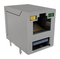 RJE361882413 - AMPHENOL COMMUNICATIONS SOLUTIONS - RJE361882413 - Modular Connector, RJ45 Jack with USB, 2 x 1 (Stacked), 8P8C, Cat3, Cat5, PCB Mount