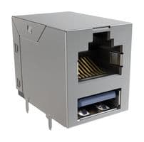 RJE361882407 - AMPHENOL COMMUNICATIONS SOLUTIONS - RJE361882407 - Modular Connector, RJ45 Jack with USB, 2 x 1 (Stacked), 8P8C, Cat3, Cat5, PCB Mount