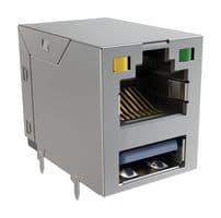 RJE361882417 - AMPHENOL COMMUNICATIONS SOLUTIONS - RJE361882417 - Modular Connector, RJ45 Jack with USB, 2 x 1 (Stacked), 8P8C, Cat3, Cat5, PCB Mount