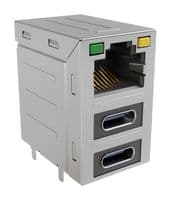 RJE36188314CH - AMPHENOL COMMUNICATIONS SOLUTIONS - RJE36188314CH - Modular Connector, RJ45 Jack with USB, 3 x 1 (Stacked), 8P8C, Cat3, Cat5, PCB Mount