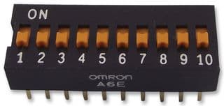 A6E-0104 - OMRON ELECTRONIC COMPONENTS - A6E-0104 - DIP / SIP Switch, 10 Circuits, Slide, Through Hole, SPST, 24 V, 25 mA