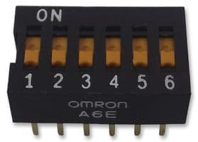 A6E-6101 - OMRON ELECTRONIC COMPONENTS - A6E-6101 - DIP / SIP Switch, 6 Circuits, Slide, Through Hole, SPST, 24 V, 25 mA