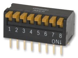 A6ER-8104 - OMRON ELECTRONIC COMPONENTS - A6ER-8104 - DIP / SIP Switch, 8 Circuits, Piano Key, Through Hole, SPST, 24 V, 25 mA