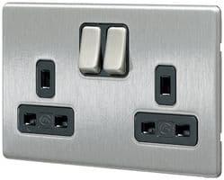 K24347 BSS B - HONEYWELL - K24347 BSS B - 13A 2 Gang  DP Switched Socket with Dual Earth , Brushed Stainless Steel / Black