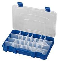 195.303 - MULTICOMP PRO - 195.303 - Storage Box, 20 Compartment, Transparent, Blue Locking Clips, 45mm x 276mm x 188mm