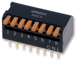A6E-4104 - OMRON ELECTRONIC COMPONENTS - A6E-4104 - DIP / SIP Switch, 4 Circuits, Slide, Through Hole, SPST, 24 V, 25 mA