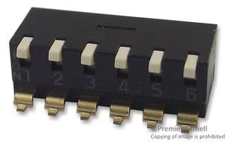 A6SR-6104 - OMRON ELECTRONIC COMPONENTS - A6SR-6104 - DIP / SIP Switch, 6 Circuits, Piano Key, Surface Mount, SPST, 24 VDC, 25 mA