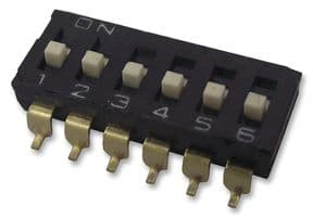 A6S6104H - OMRON ELECTRONIC COMPONENTS - A6S6104H - DIP / SIP Switch, 6 Circuits, Slide, Surface Mount, SPST, 24 VDC, 25 mA