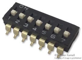 A6S7104H - OMRON ELECTRONIC COMPONENTS - A6S7104H - DIP / SIP Switch, 7 Circuits, Slide, Surface Mount, SPST, 24 VDC, 25 mA
