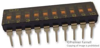A6T0102 - OMRON ELECTRONIC COMPONENTS - A6T0102 - DIP / SIP Switch, 10 Circuits, Slide, Through Hole, SPST, 24 VDC, 25 mA