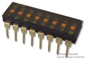 A6T8102 - OMRON ELECTRONIC COMPONENTS - A6T8102 - DIP / SIP Switch, 8 Circuits, Slide, Through Hole, SPST, 24 VDC, 25 mA