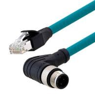 TRG508-T4T-15M - L-COM - TRG508-T4T-15M - Sensor Cable, D Coded, 90° M12 Plug, RJ45 Plug, 4 Positions, 15 m, 49.2 ft, TRG508-T4T Series