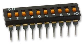 A6T-0104 - OMRON ELECTRONIC COMPONENTS - A6T-0104 - DIP / SIP Switch, 10 Circuits, Slide, Through Hole, SPST-NO, 24 V, 25 mA