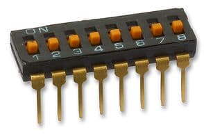A6T-8104 - OMRON ELECTRONIC COMPONENTS - A6T-8104 - DIP / SIP Switch, 8 Circuits, Slide, Through Hole, SPST, 24 VDC, 25 mA