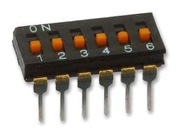 A6T-6104 - OMRON ELECTRONIC COMPONENTS - A6T-6104 - DIP / SIP Switch, 6 Circuits, Slide, Through Hole, SPST, 24 VDC, 25 mA