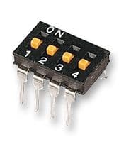 A6T-4104 - OMRON ELECTRONIC COMPONENTS - A6T-4104 - DIP / SIP Switch, 4 Circuits, Slide, Through Hole, SPST, 24 VDC, 25 mA