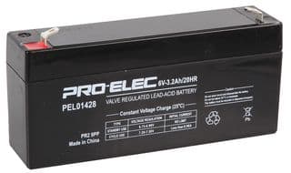 PEL01428 - PRO ELEC - PEL01428 - Rechargeable Battery, 6 V, Lead Acid, 3.2 Ah, T1 Terminals, 1