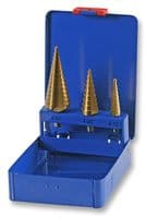 D00303 - DURATOOL - D00303 - Drill Bit Set, 1 x 4-12mm Nine Step Bit, 1 x 4-20mm Nine Step Bit, 1 x 4-30mm Fourteen Step Bit, HSS
