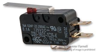 D3V-16G3-1C25-K - OMRON ELECTRONIC COMPONENTS - D3V-16G3-1C25-K - MICRO SW, HINGE LEVER, SPDT, 16A, 250VAC